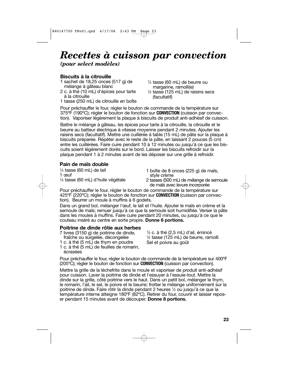 Recettes à cuisson par convection, Pour select modèles) | Hamilton Beach 31180 User Manual | Page 23 / 36