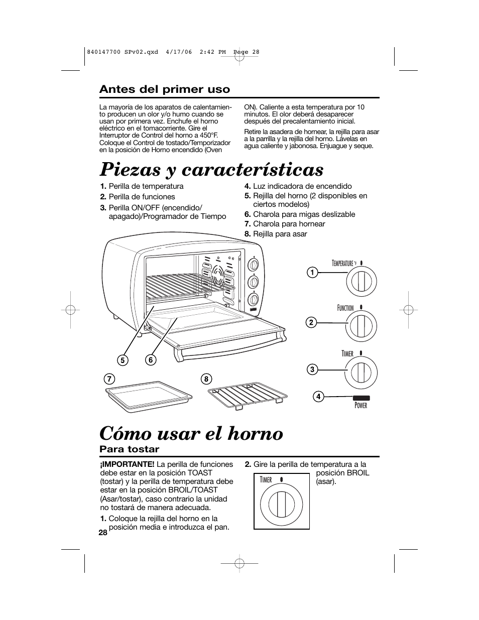 Piezas y características, Cómo usar el horno, Antes del primer uso | Hamilton Beach 31180 User Manual | Page 28 / 36