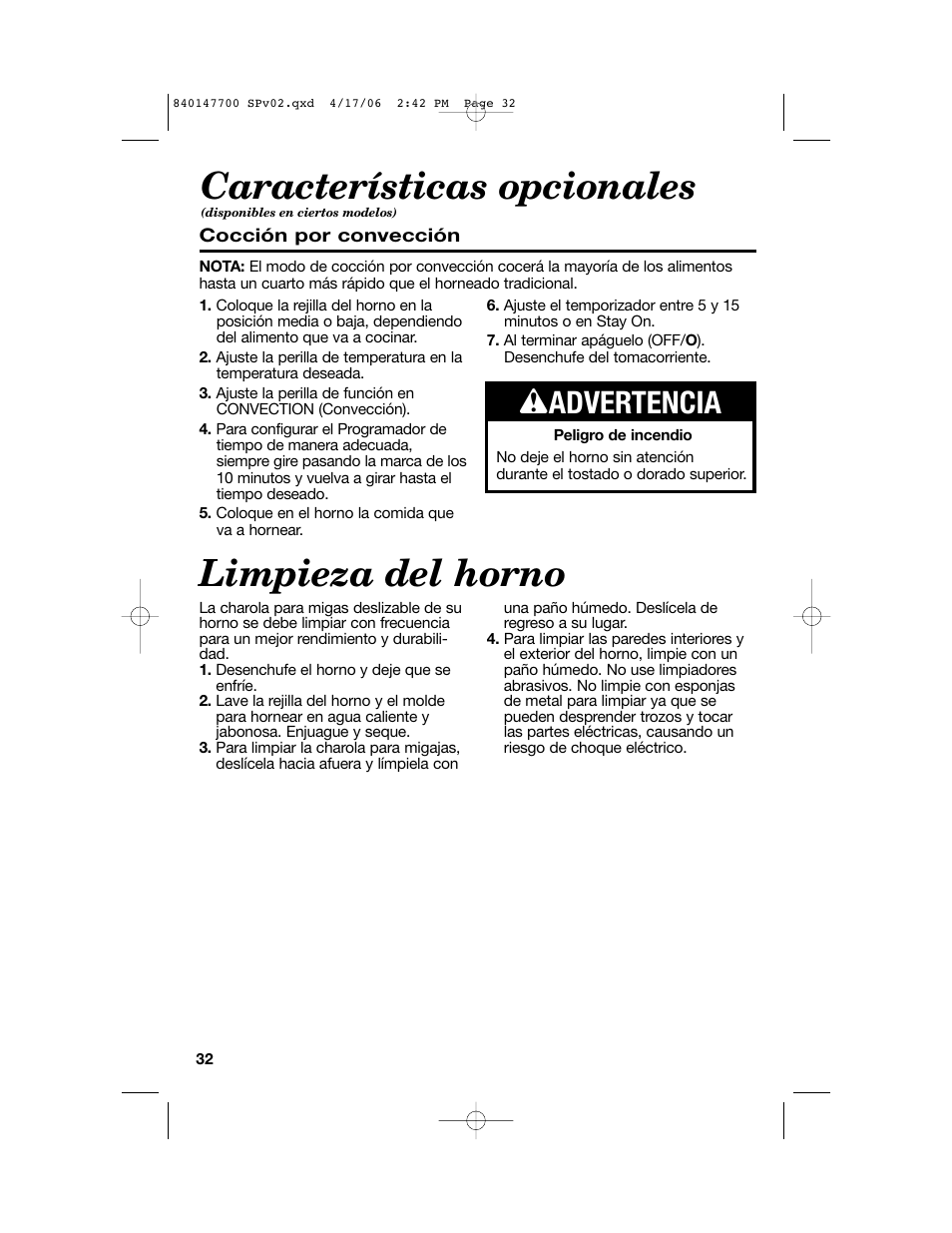 Limpieza del horno, Características opcionales, W advertencia | Hamilton Beach 31180 User Manual | Page 32 / 36