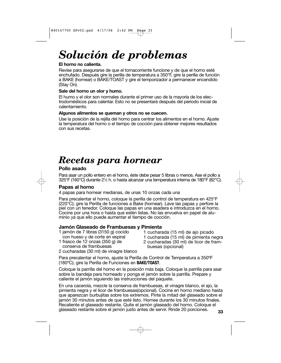 Solución de problemas, Recetas para hornear | Hamilton Beach 31180 User Manual | Page 33 / 36