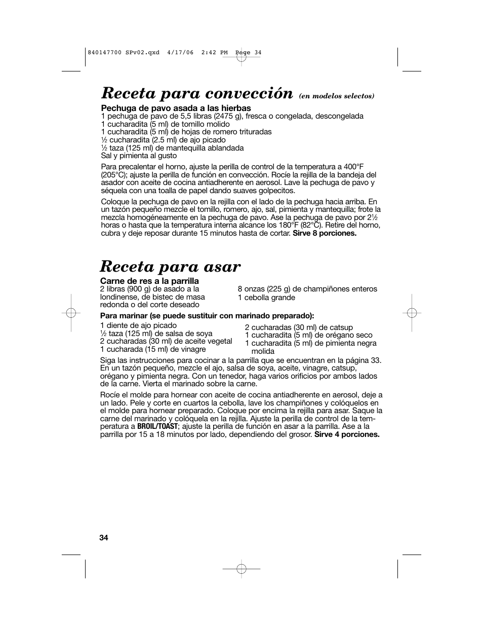 Receta para asar, Receta para convección | Hamilton Beach 31180 User Manual | Page 34 / 36