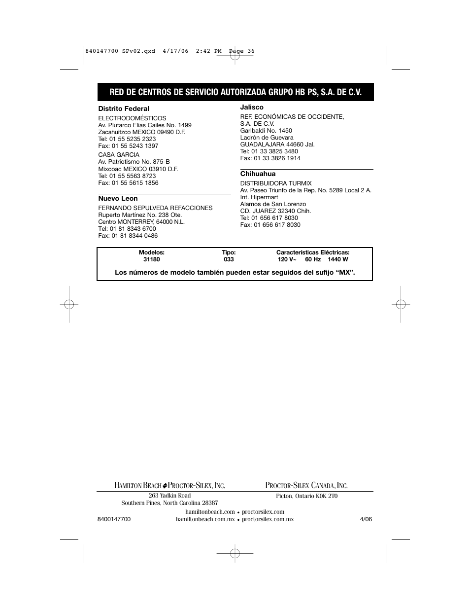 Hamilton Beach 31180 User Manual | Page 36 / 36