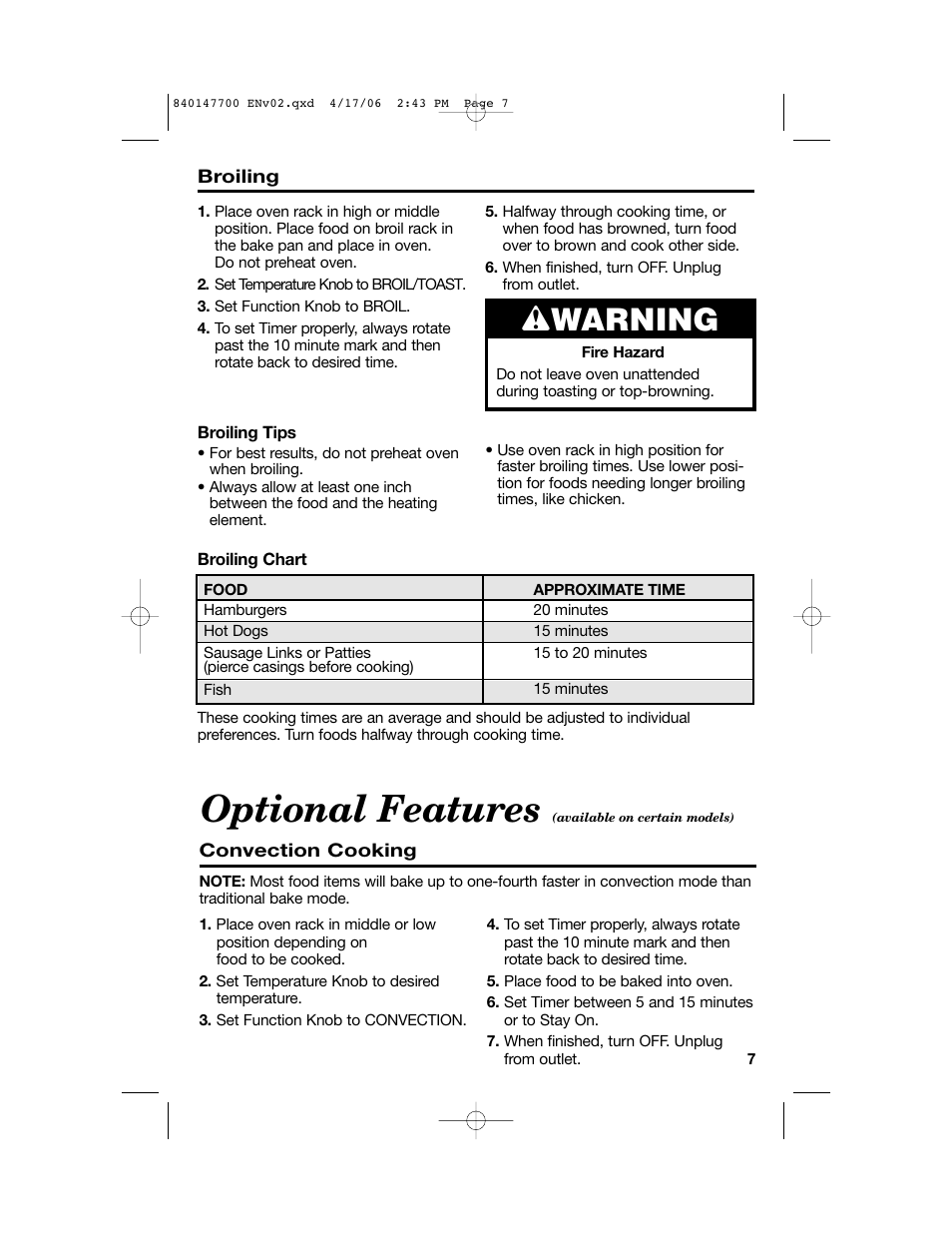Optional features, Wwarning | Hamilton Beach 31180 User Manual | Page 7 / 36
