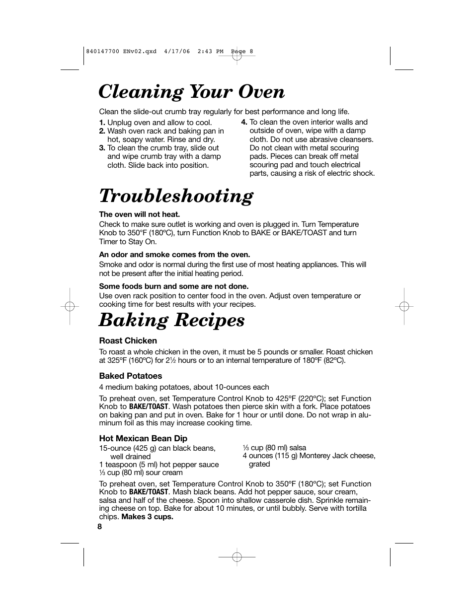 Cleaning your oven, Troubleshooting, Baking recipes | Hamilton Beach 31180 User Manual | Page 8 / 36