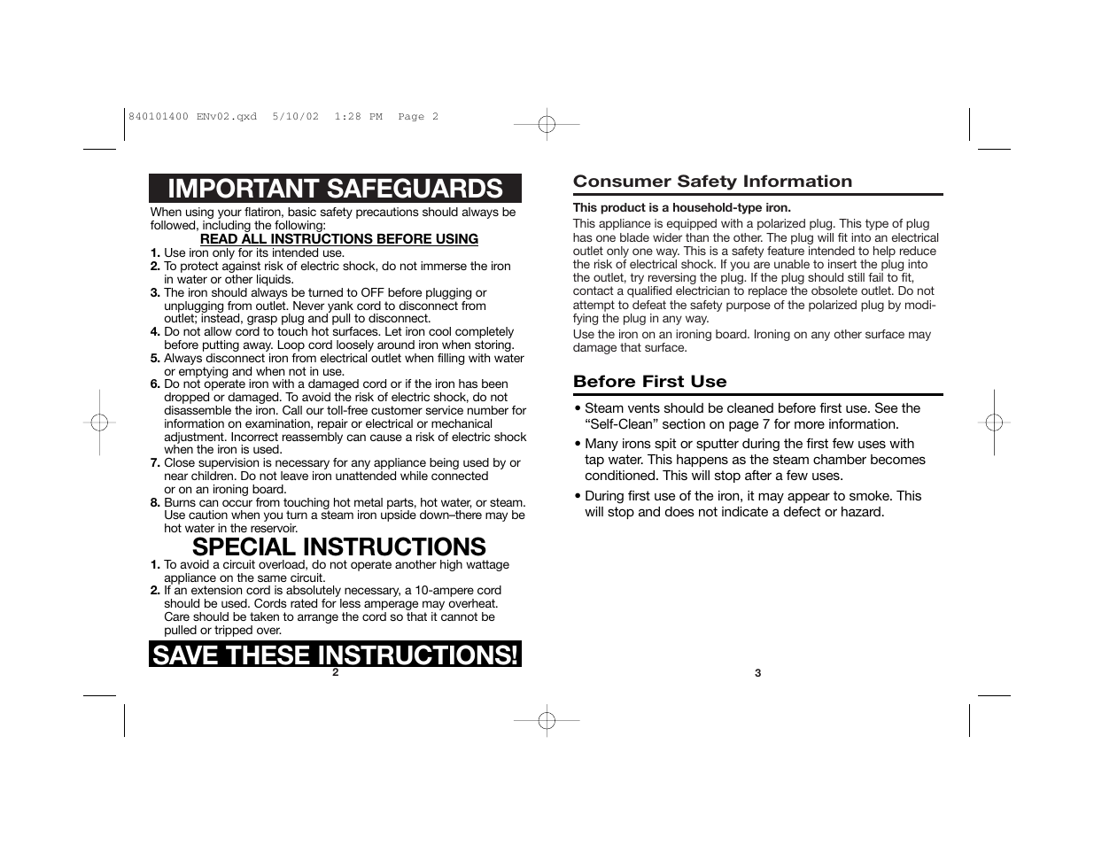 Important safeguards, Save these instructions, Special instructions | Hamilton Beach 19031 User Manual | Page 2 / 15