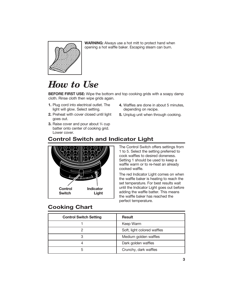 How to use, Control switch and indicator light, Cooking chart | Hamilton Beach 840056800 User Manual | Page 3 / 6