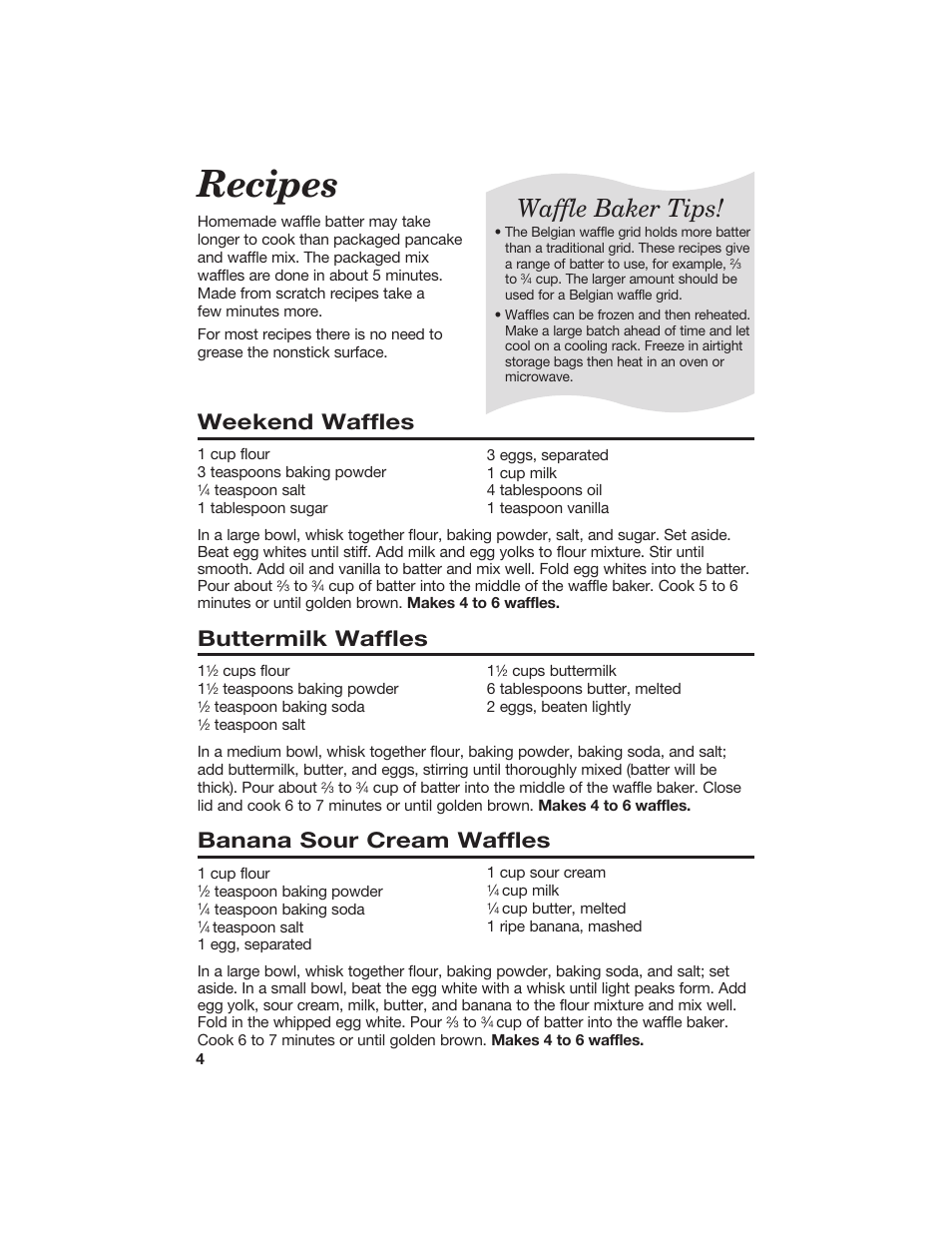 Recipes, Waffle baker tips, Weekend waffles | Buttermilk waffles, Banana sour cream waffles | Hamilton Beach 840056800 User Manual | Page 4 / 6