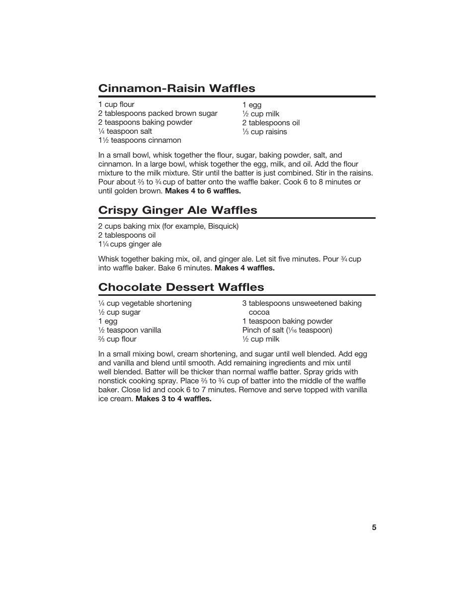 Cinnamon-raisin waffles, Crispy ginger ale waffles, Chocolate dessert waffles | Hamilton Beach 840056800 User Manual | Page 5 / 6