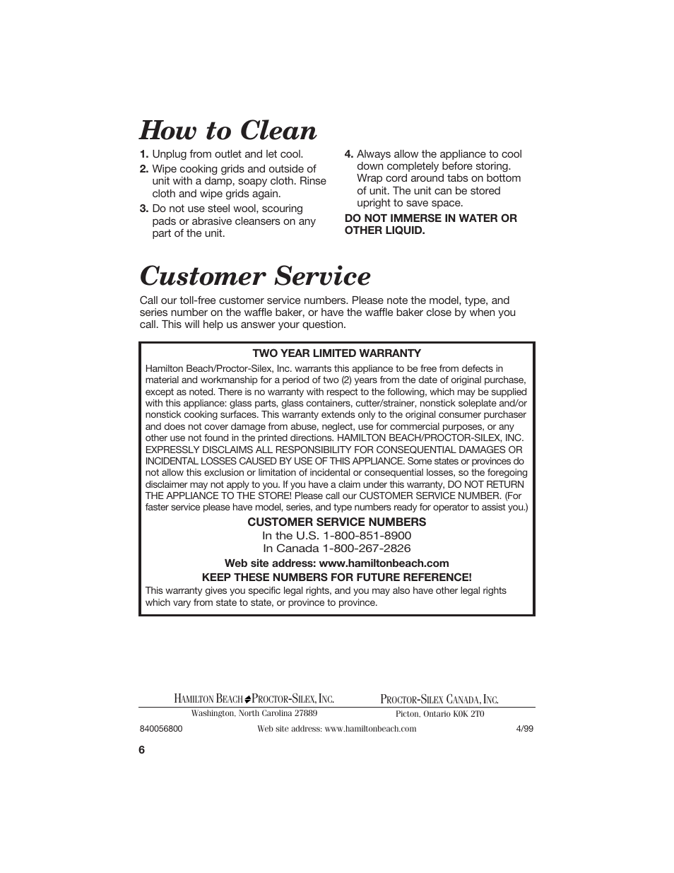 How to clean customer service | Hamilton Beach 840056800 User Manual | Page 6 / 6