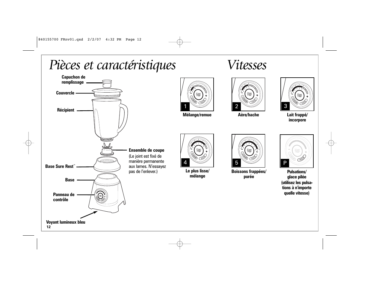 Pièces et caractéristiques, Vitesses | Hamilton Beach liquid blu 59205 B42 User Manual | Page 12 / 28