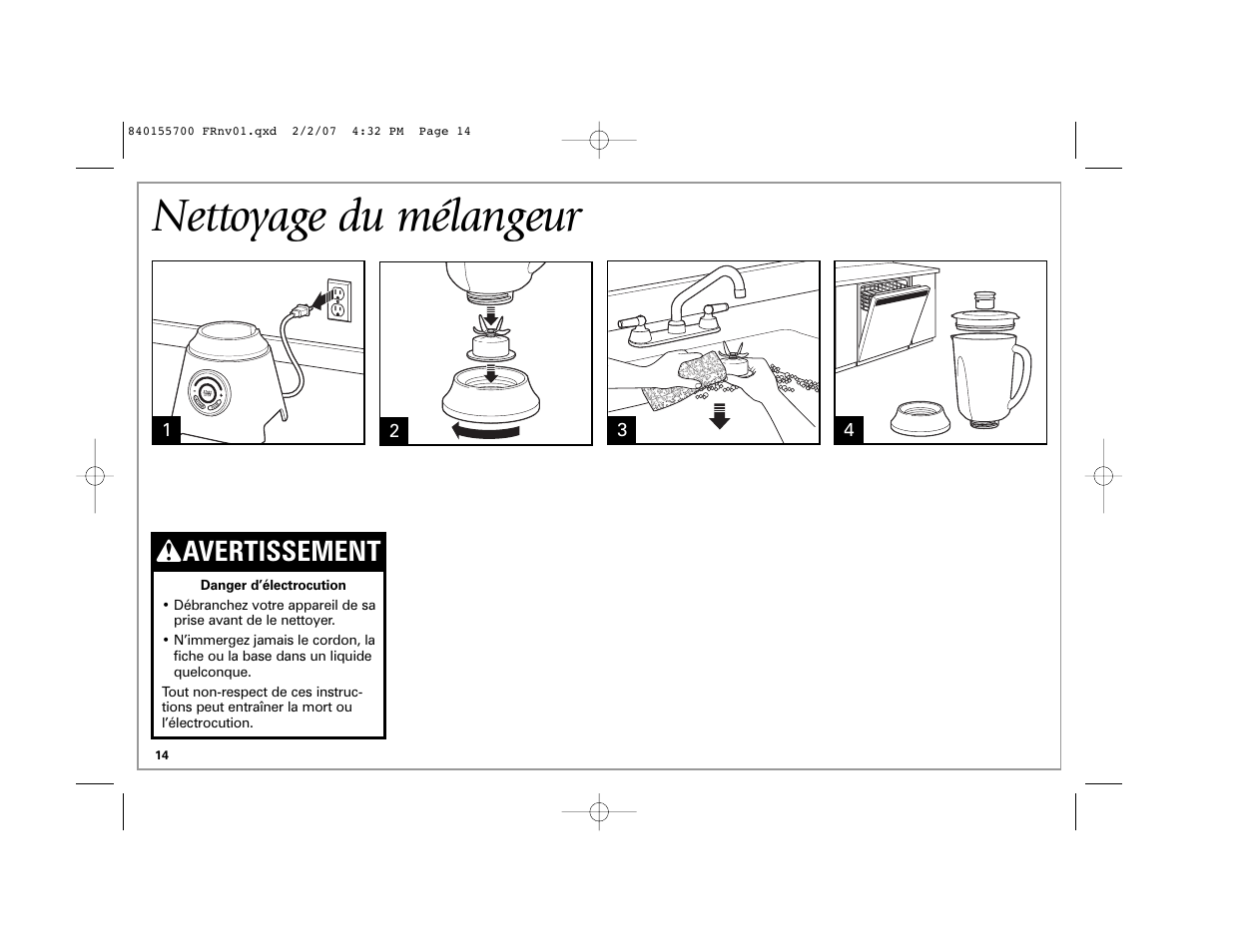 Nettoyage du mélangeur, Wavertissement | Hamilton Beach liquid blu 59205 B42 User Manual | Page 14 / 28