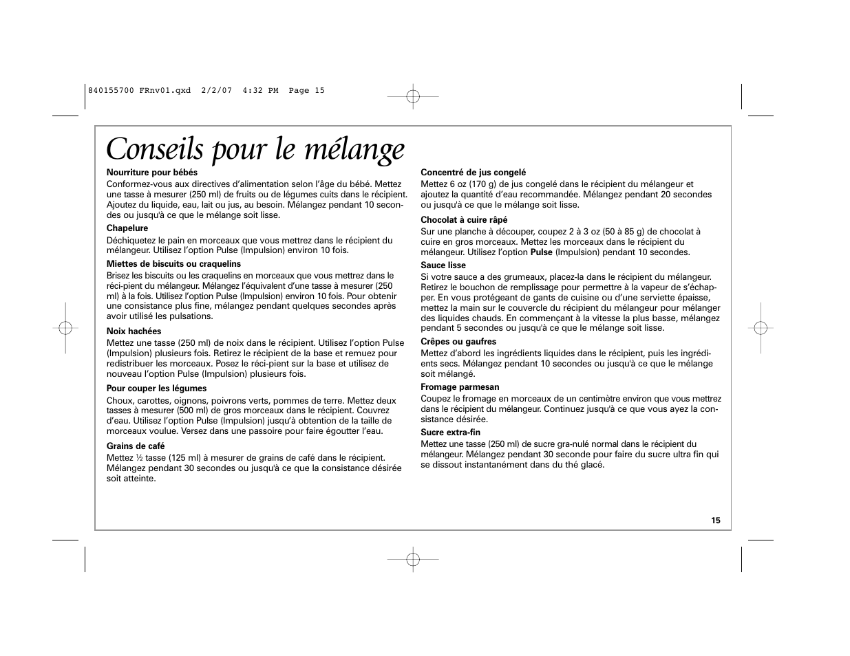 Conseils pour le mélange | Hamilton Beach liquid blu 59205 B42 User Manual | Page 15 / 28