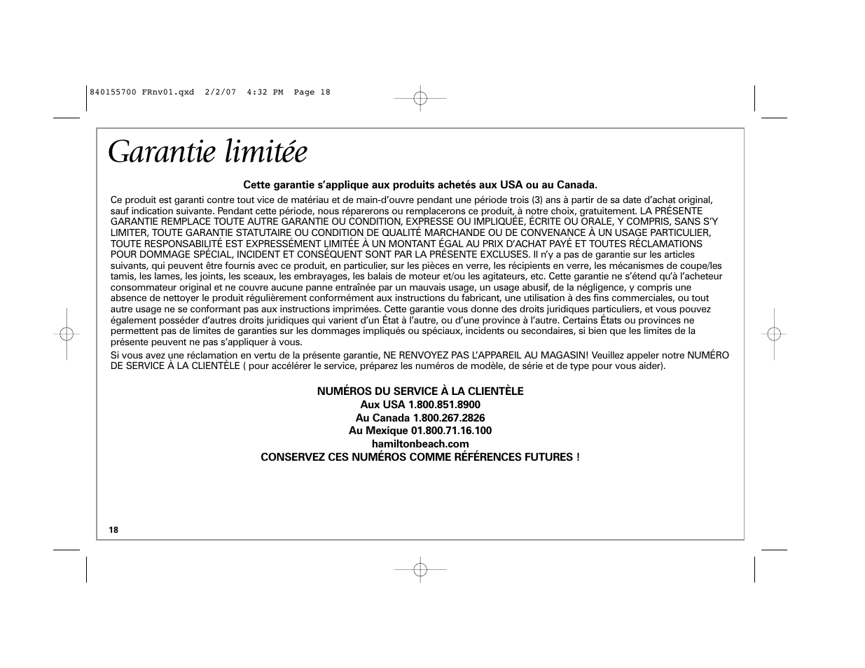 Garantie limitée | Hamilton Beach liquid blu 59205 B42 User Manual | Page 18 / 28