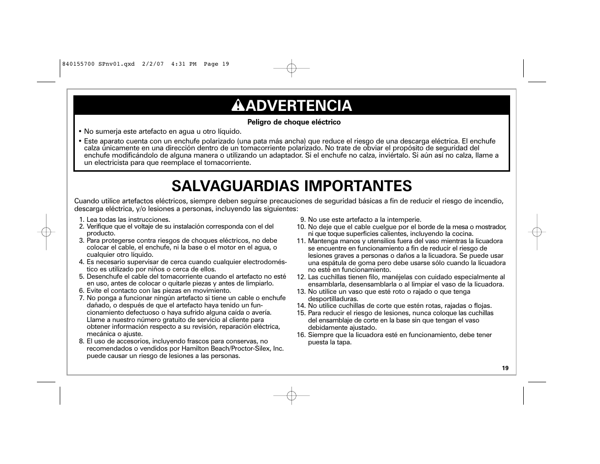 W advertencia, Salvaguardias importantes | Hamilton Beach liquid blu 59205 B42 User Manual | Page 19 / 28