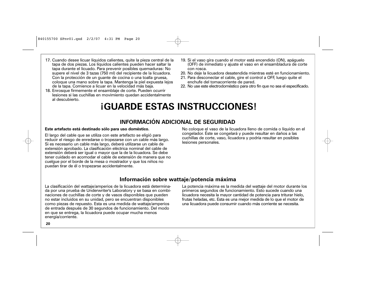 Guarde estas instrucciones | Hamilton Beach liquid blu 59205 B42 User Manual | Page 20 / 28