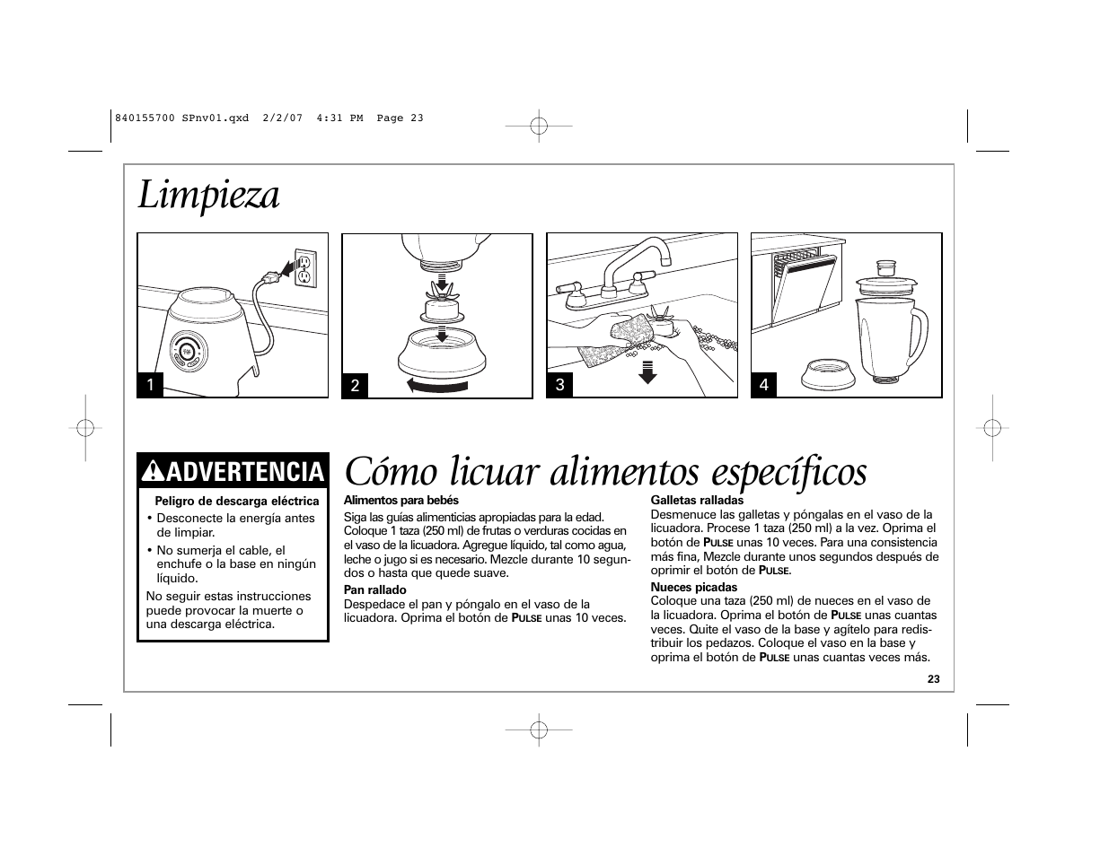 Limpieza, Cómo licuar alimentos específicos, W advertencia | Hamilton Beach liquid blu 59205 B42 User Manual | Page 23 / 28