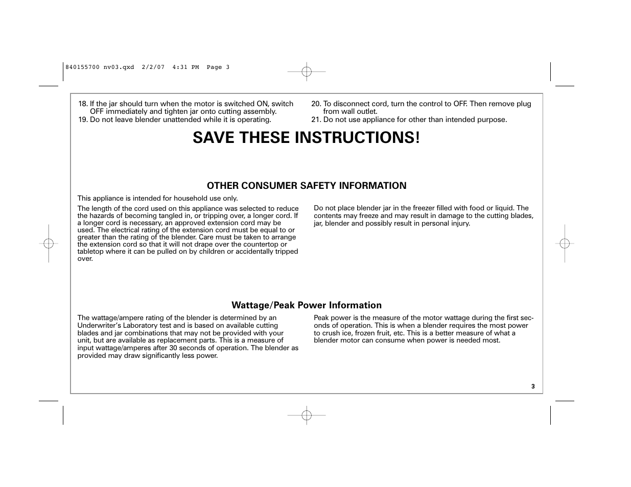 Save these instructions | Hamilton Beach liquid blu 59205 B42 User Manual | Page 3 / 28