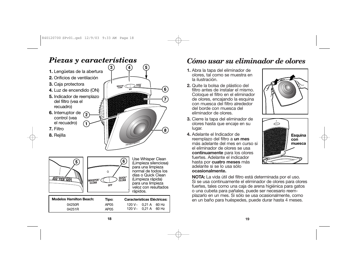 Cómo usar su eliminador de olores, Piezas y características | Hamilton Beach TrueAir 840120700 User Manual | Page 11 / 14