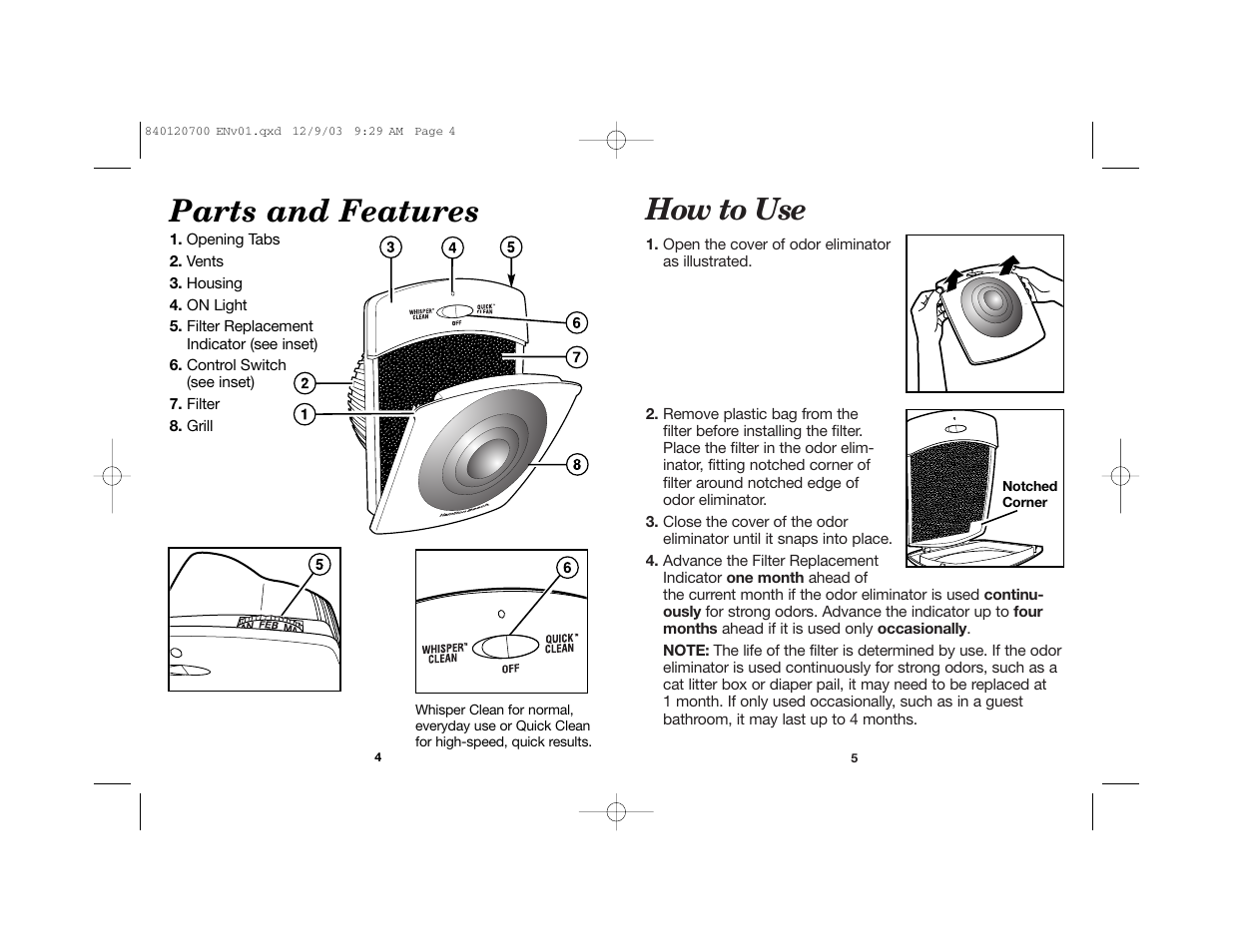 Parts and features, How to use | Hamilton Beach TrueAir 840120700 User Manual | Page 3 / 14