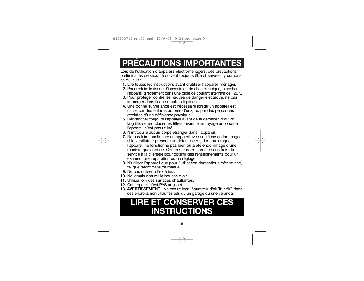 Précautions importantes, Lire et conserver ces instructions | Hamilton Beach TrueAir 840120700 User Manual | Page 6 / 14