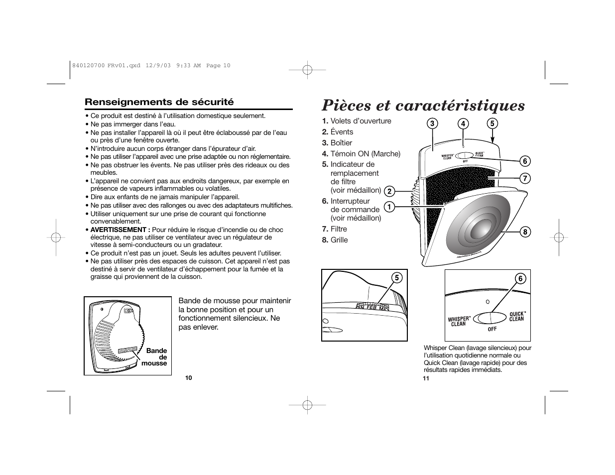 Pièces et caractéristiques | Hamilton Beach TrueAir 840120700 User Manual | Page 7 / 14