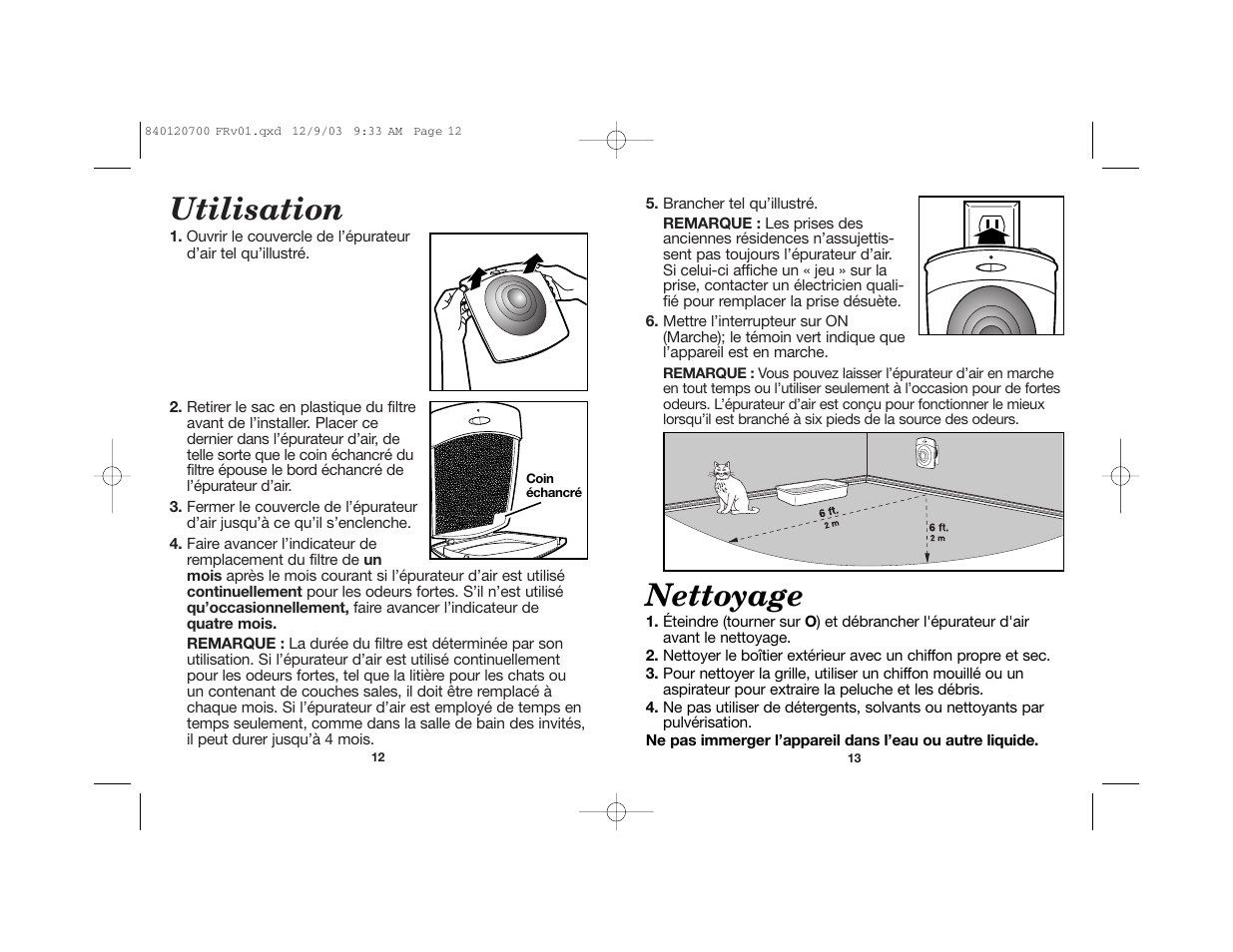 Utilisation, Nettoyage | Hamilton Beach TrueAir 840120700 User Manual | Page 8 / 14