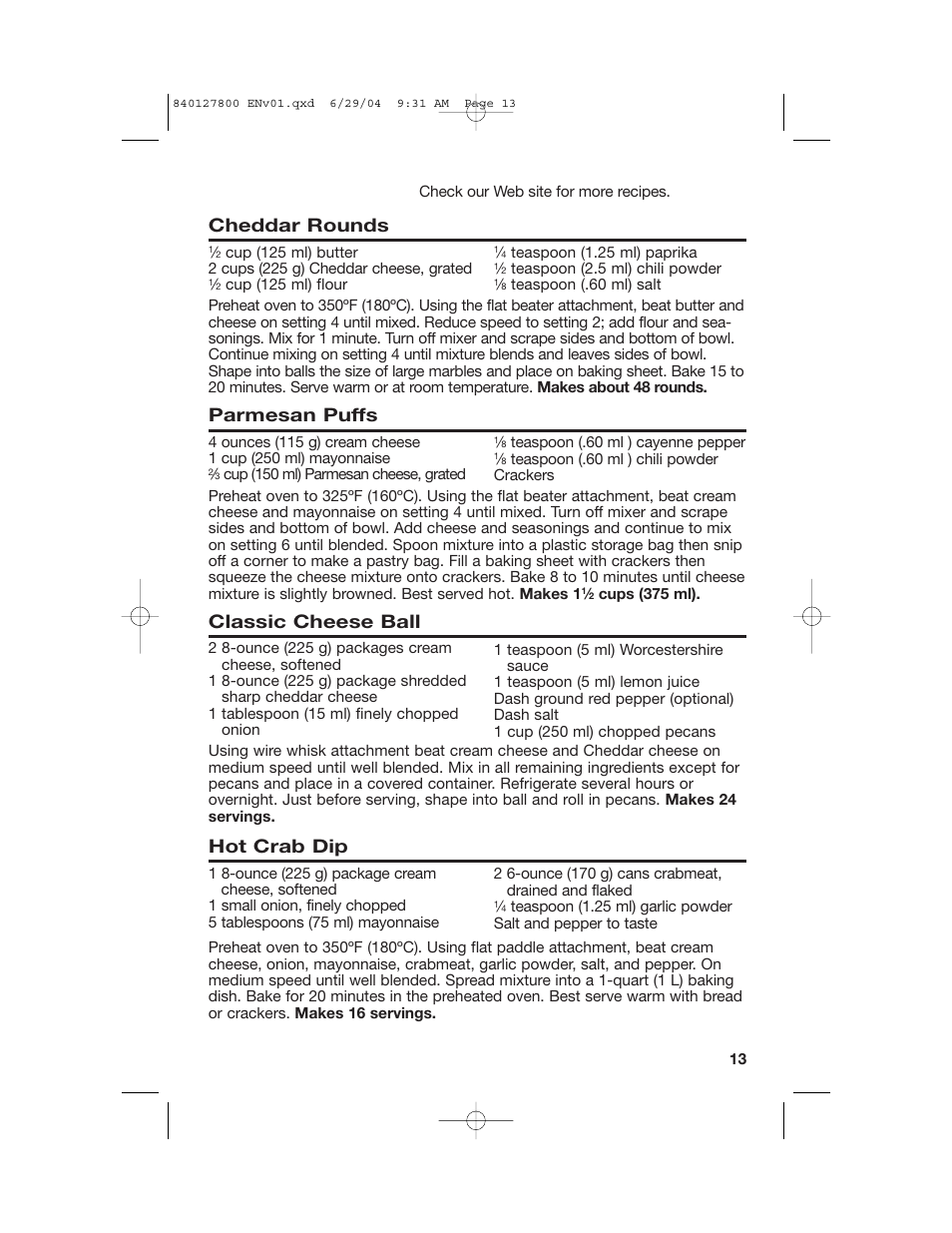 Appetizers, Cheddar rounds, Parmesan puffs | Classic cheese ball, Hot crab dip | Hamilton Beach 63225 User Manual | Page 13 / 28