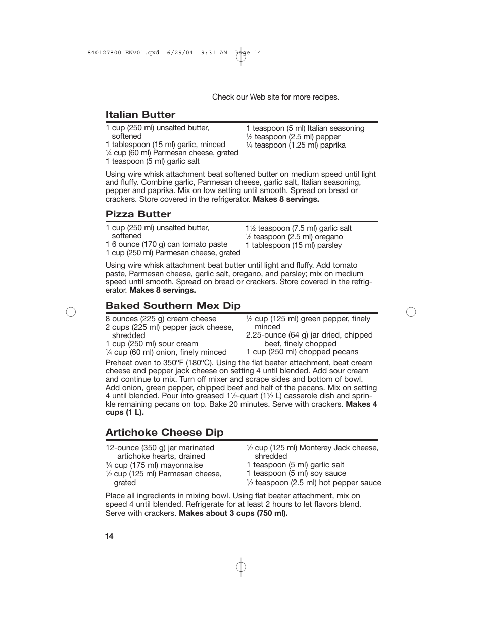 Appetizers, Italian butter, Pizza butter | Baked southern mex dip, Artichoke cheese dip | Hamilton Beach 63225 User Manual | Page 14 / 28