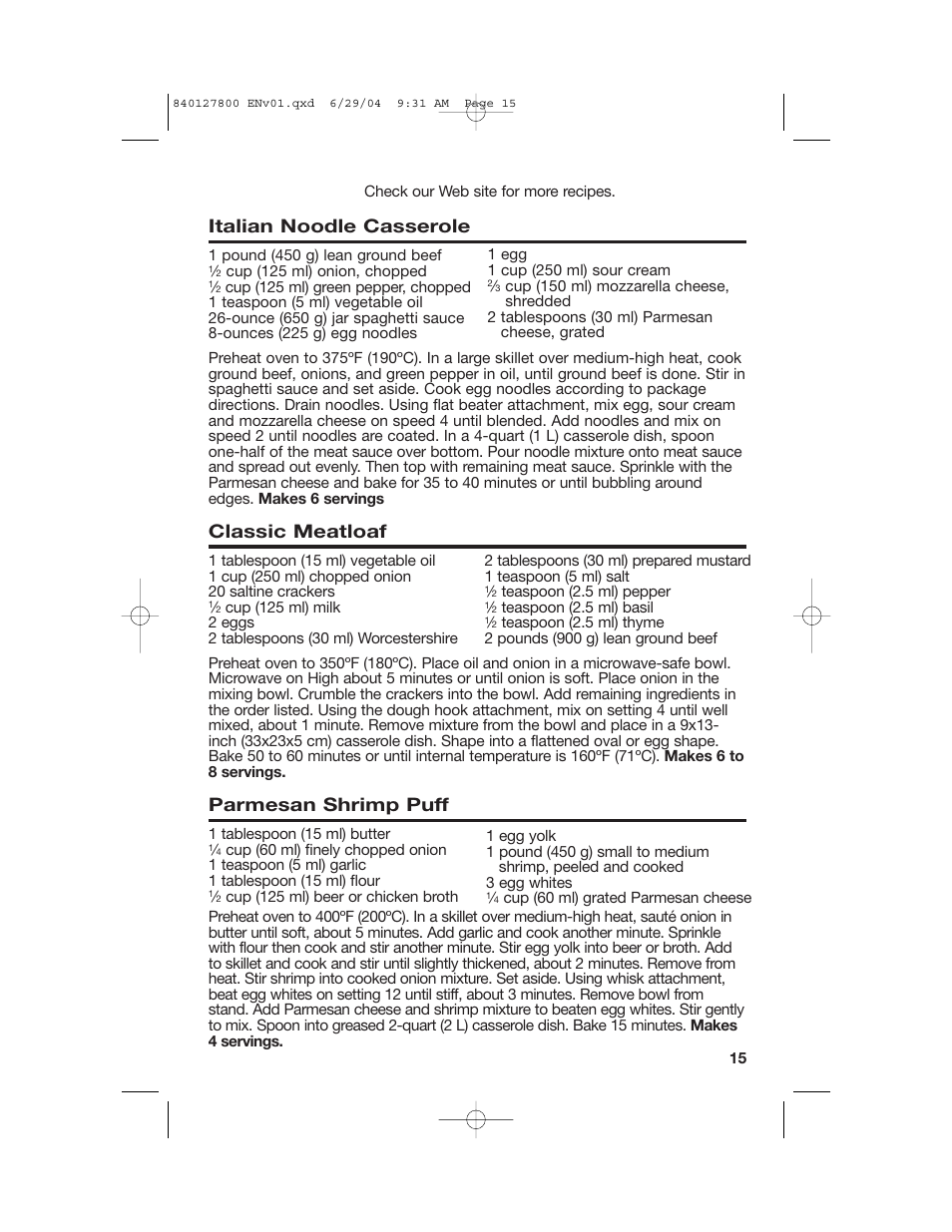 Entrees, Italian noodle casserole, Classic meatloaf | Parmesan shrimp puff | Hamilton Beach 63225 User Manual | Page 15 / 28