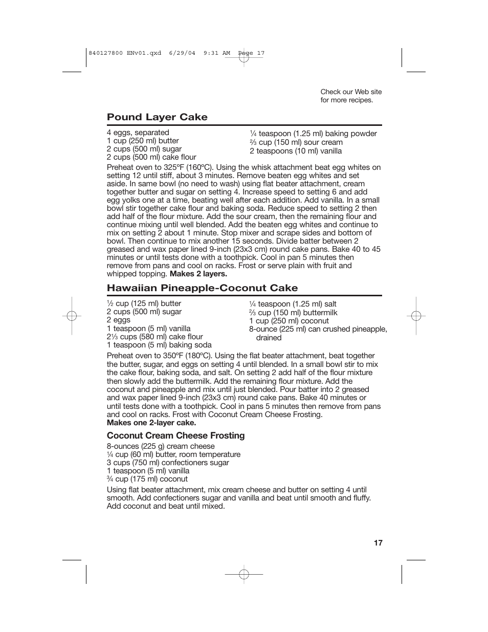 Cakes and frostings, Pound layer cake, Hawaiian pineapple-coconut cake | Coconut cream cheese frosting | Hamilton Beach 63225 User Manual | Page 17 / 28