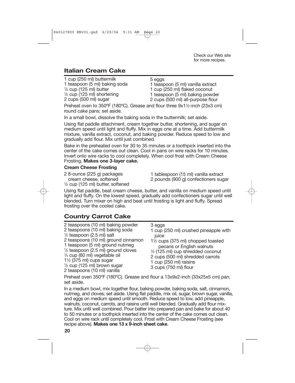 Cakes and frostings, Italian cream cake, Country carrot cake | Hamilton Beach 63225 User Manual | Page 20 / 28