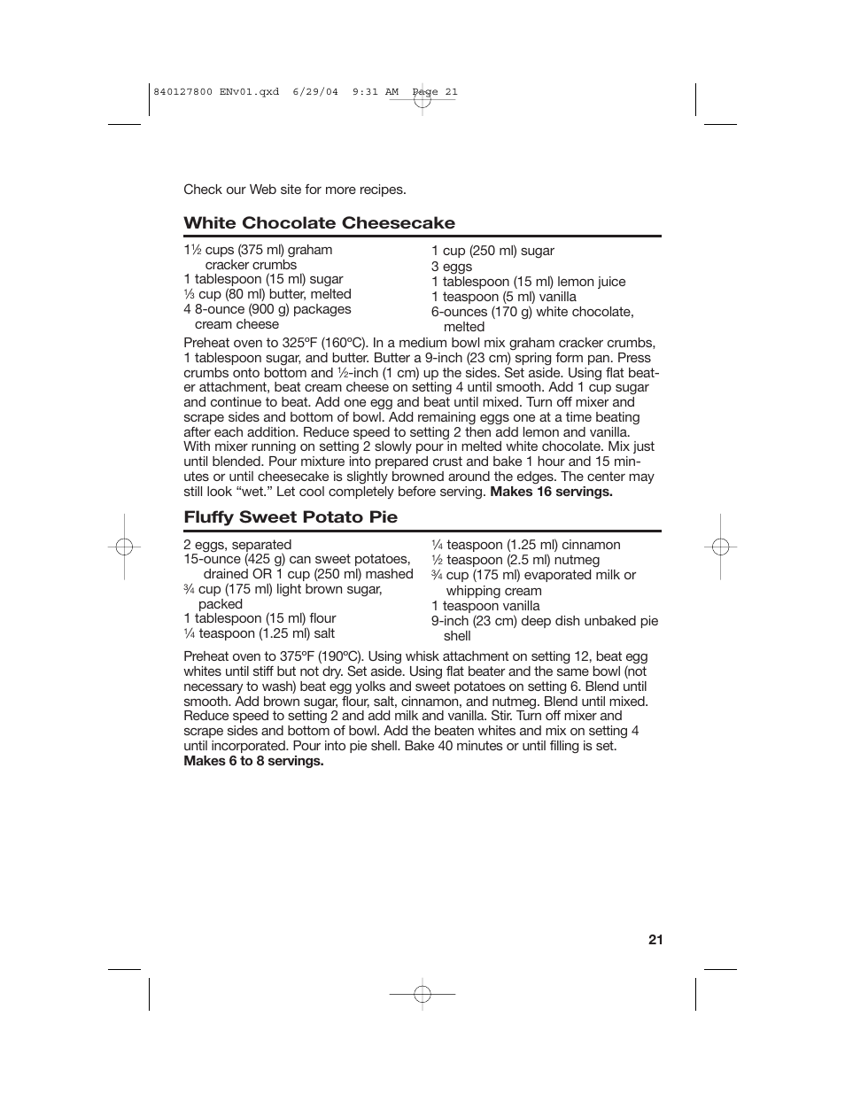 Pies and other desserts, White chocolate cheesecake, Fluffy sweet potato pie | Hamilton Beach 63225 User Manual | Page 21 / 28