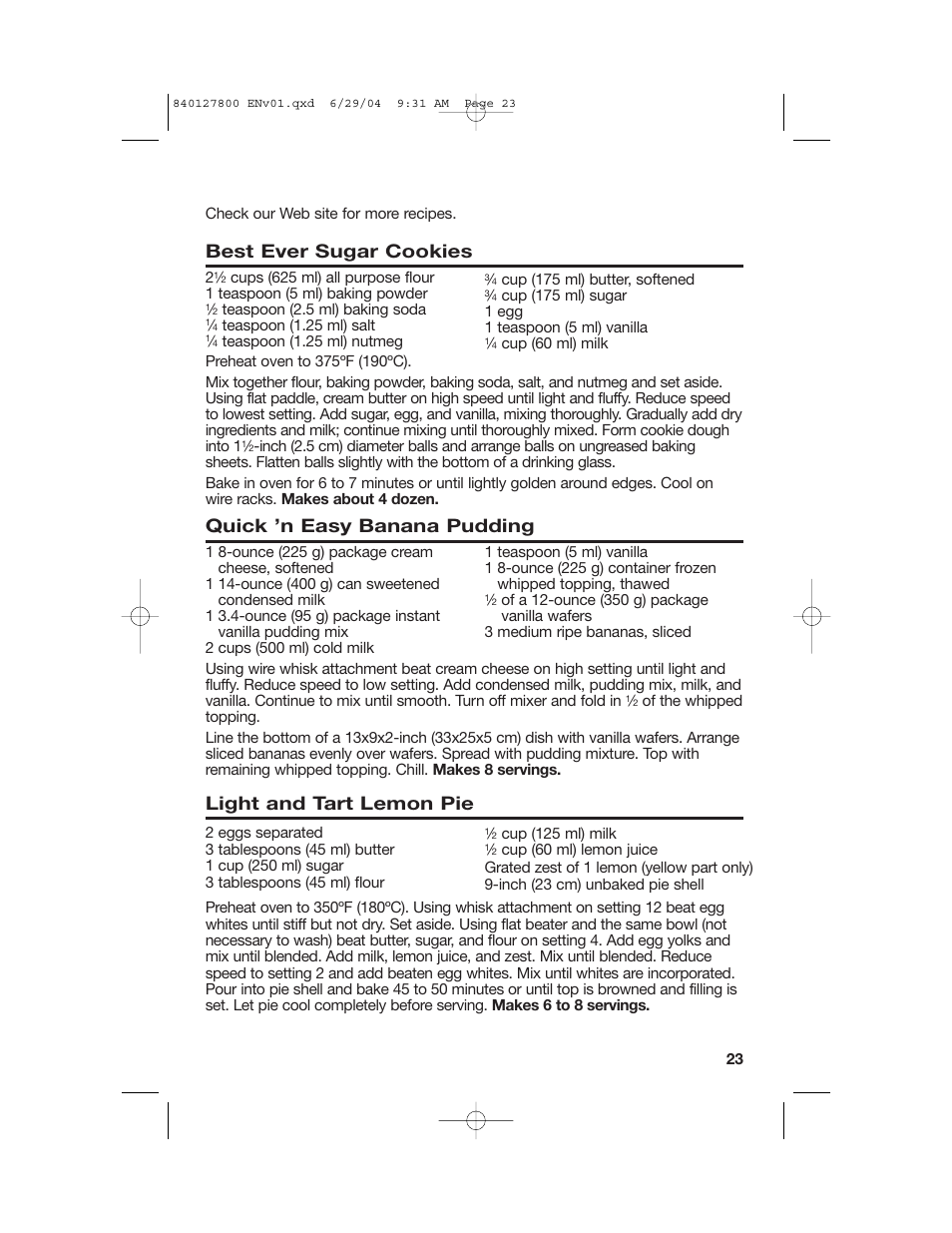 Pies and other desserts, Best ever sugar cookies, Quick ’n easy banana pudding | Light and tart lemon pie | Hamilton Beach 63225 User Manual | Page 23 / 28