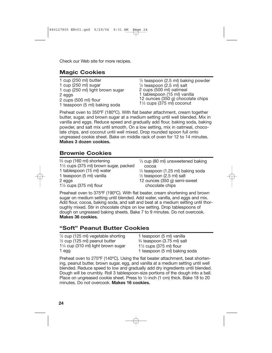 Pies and other desserts, Magic cookies, Brownie cookies | Soft” peanut butter cookies | Hamilton Beach 63225 User Manual | Page 24 / 28