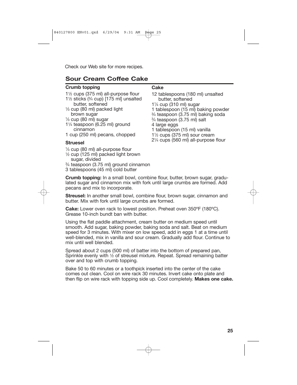 Breakfast favorites, Sour cream coffee cake | Hamilton Beach 63225 User Manual | Page 25 / 28