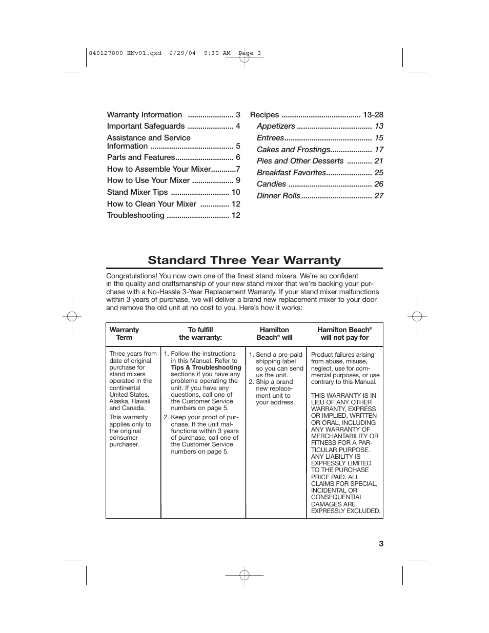 Table of contents warranty information, Standard three year warranty | Hamilton Beach 63225 User Manual | Page 3 / 28