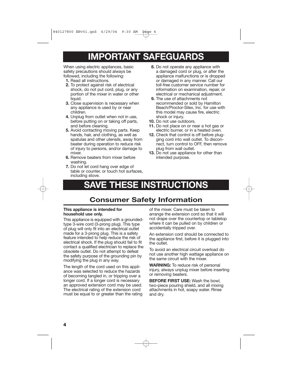 Important safeguards, Save these instructions, Consumer safety information | Hamilton Beach 63225 User Manual | Page 4 / 28