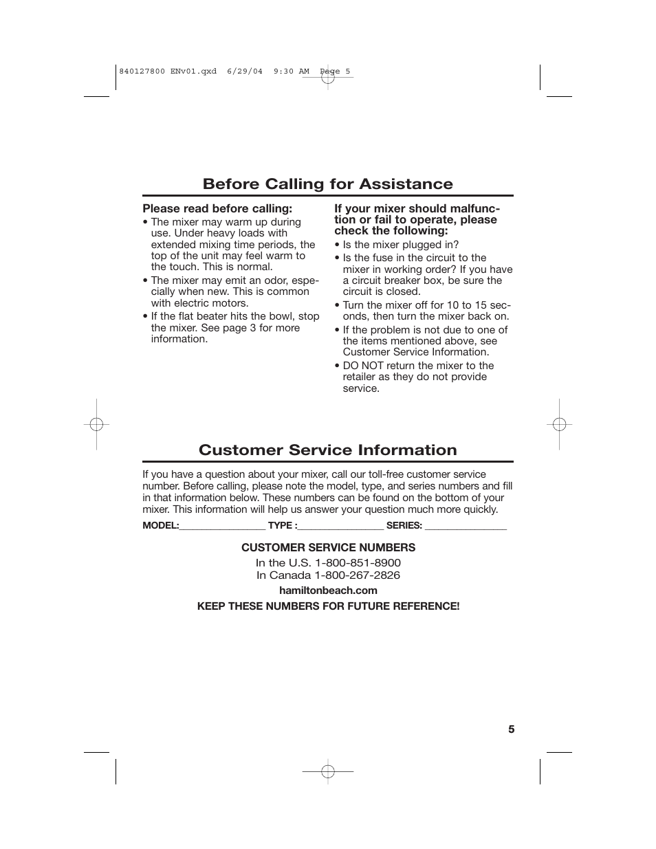 Assistance and service information | Hamilton Beach 63225 User Manual | Page 5 / 28