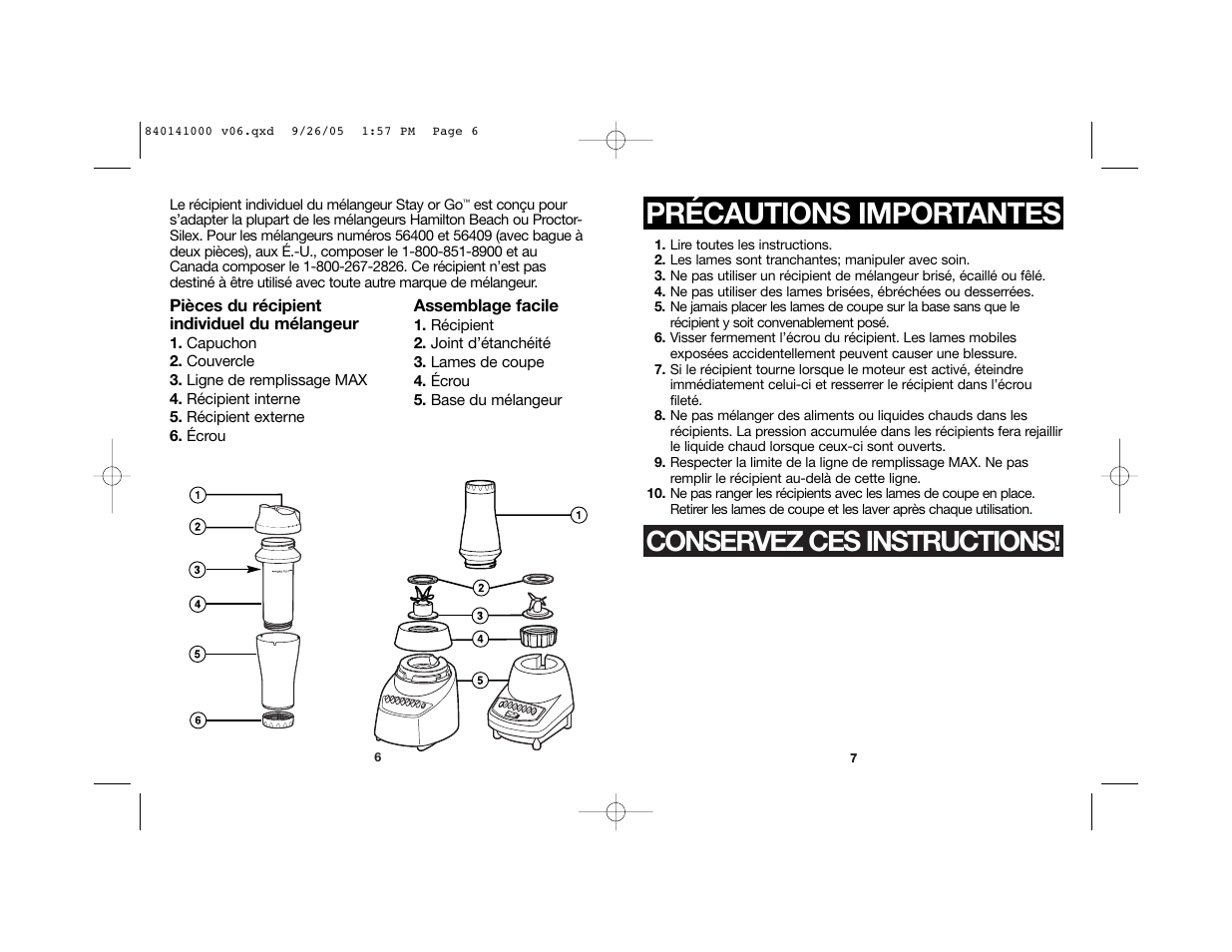 Précautions importantes, Conservez ces instructions | Hamilton Beach Stay or Go 56409 User Manual | Page 4 / 9