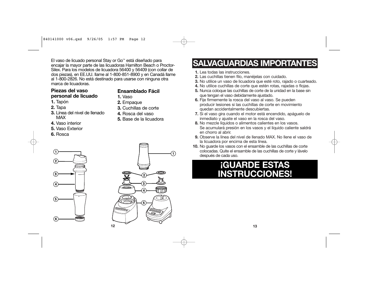 Guarde estas instrucciones, Salvaguardias importantes | Hamilton Beach Stay or Go 56409 User Manual | Page 7 / 9