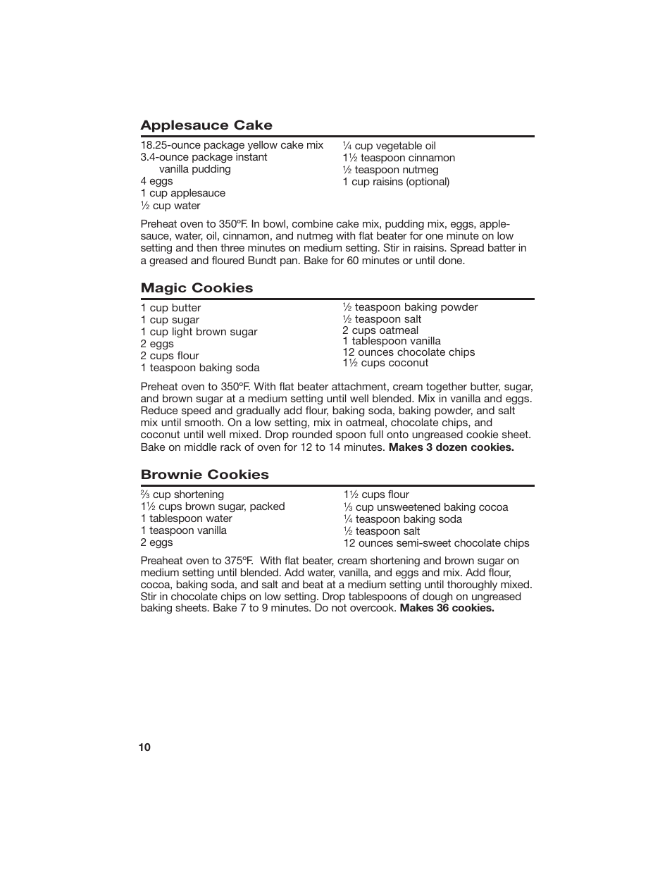 Applesauce cake, Magic cookies, Brownie cookies | Hamilton Beach 840125800 User Manual | Page 10 / 12
