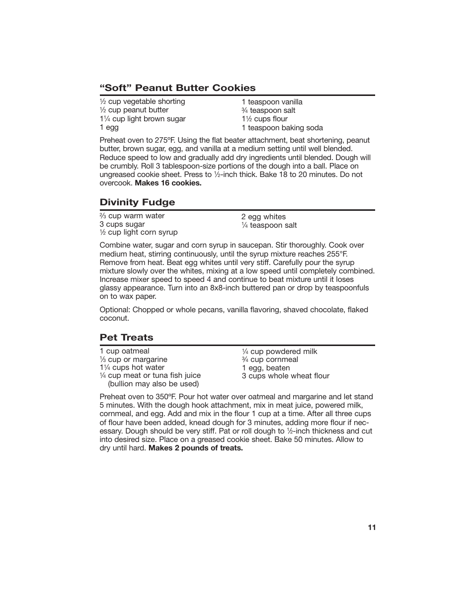 Soft” peanut butter cookies, Divinity fudge, Pet treats | Hamilton Beach 840125800 User Manual | Page 11 / 12