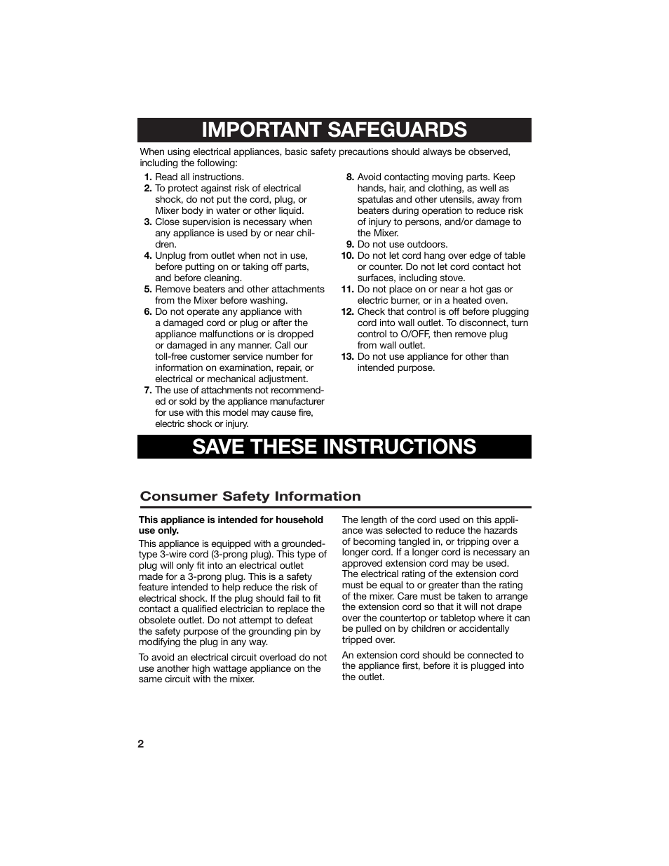 Important safeguards, Save these instructions | Hamilton Beach 840125800 User Manual | Page 2 / 12