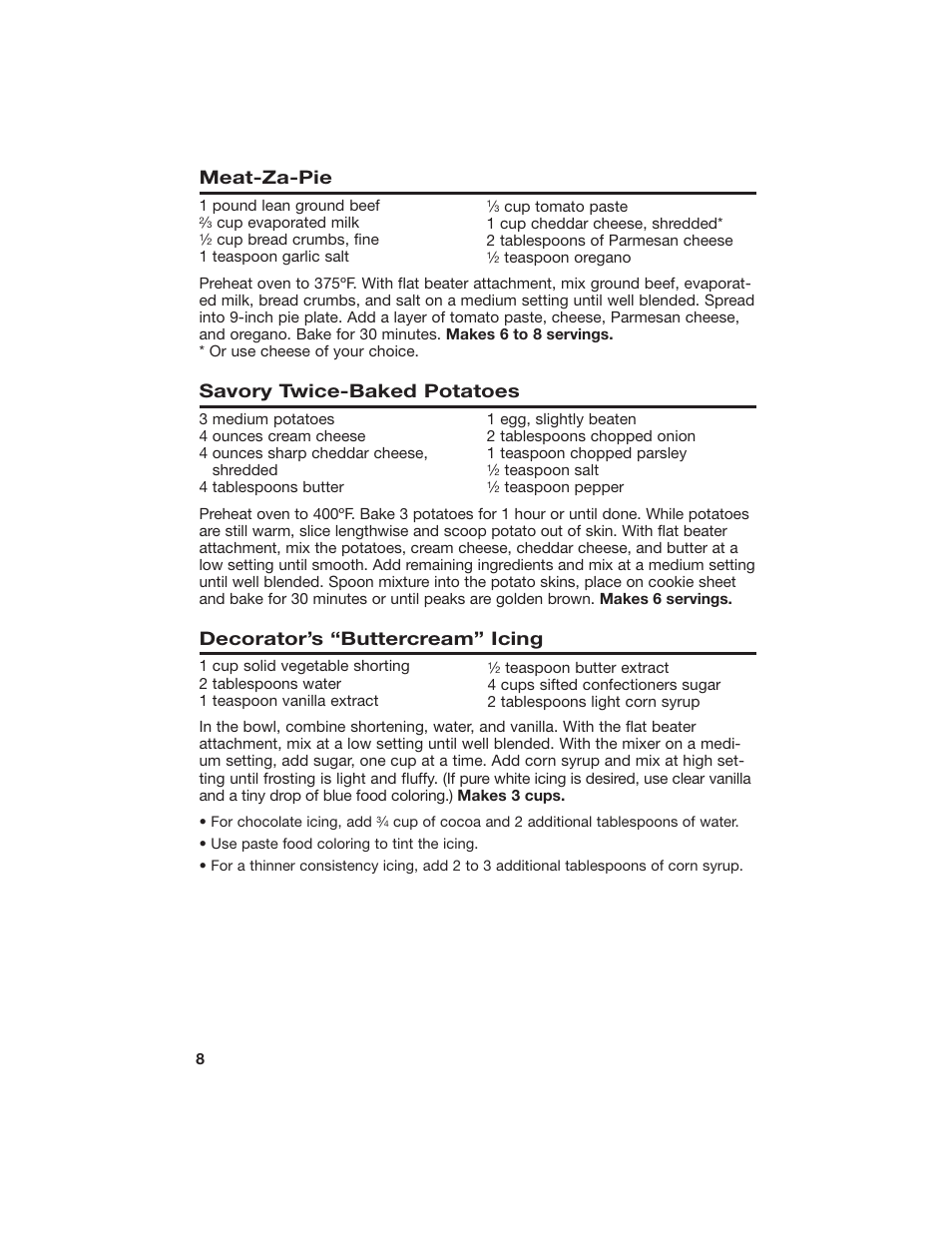 Meat-za-pie, Savory twice-baked potatoes, Decorator’s “buttercream” icing | Hamilton Beach 840125800 User Manual | Page 8 / 12