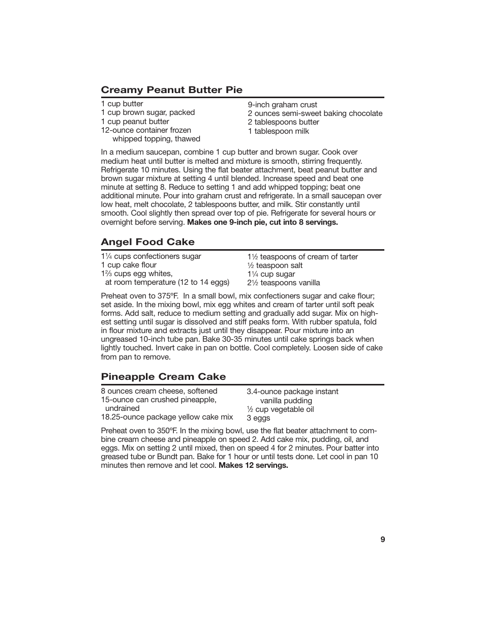 Creamy peanut butter pie, Angel food cake, Pineapple cream cake | Hamilton Beach 840125800 User Manual | Page 9 / 12