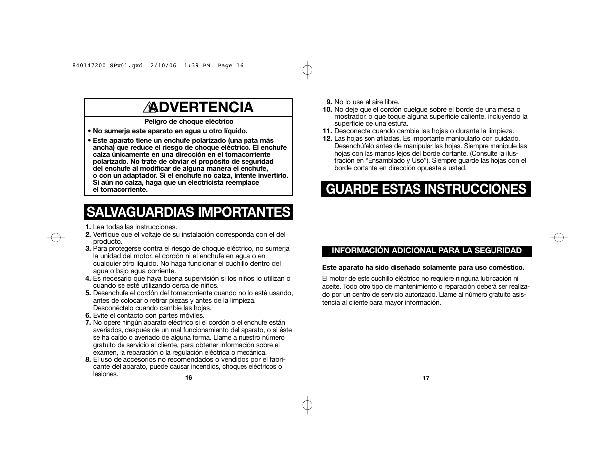 Advertencia, Guarde estas instrucciones, Salvaguardias importantes | Hamilton Beach 840147200 User Manual | Page 10 / 14