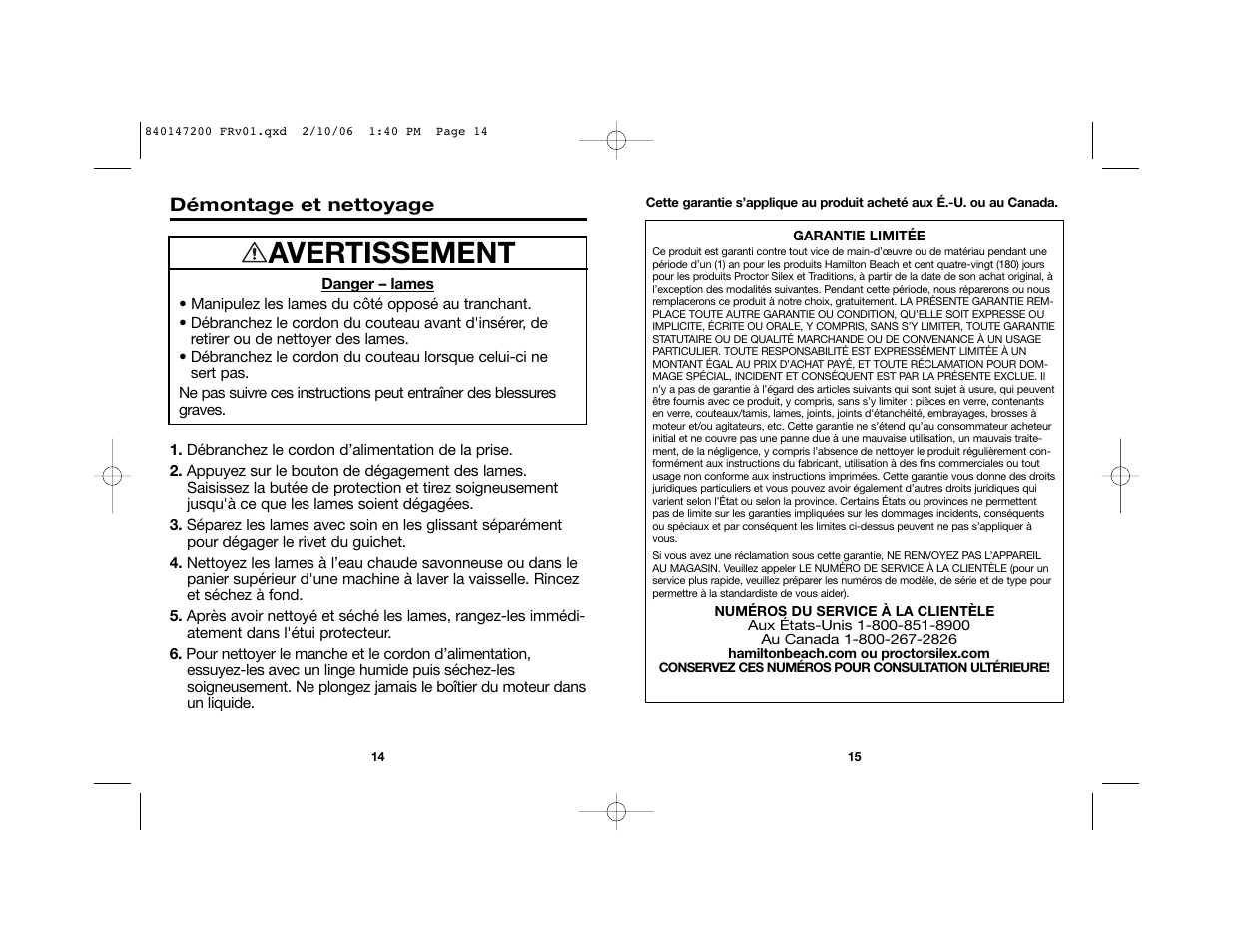 Avertissement | Hamilton Beach 840147200 User Manual | Page 9 / 14