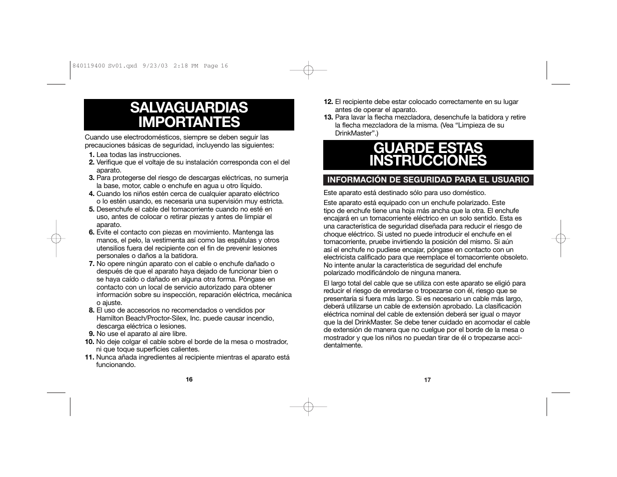 Guarde estas instrucciones, Salvaguardias importantes | Hamilton Beach DRINKMASTER 840119400 User Manual | Page 10 / 14