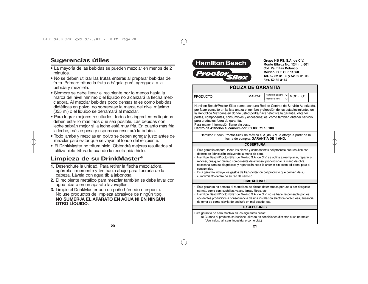 Sugerencias útiles, Limpieza de su drinkmaster | Hamilton Beach DRINKMASTER 840119400 User Manual | Page 12 / 14