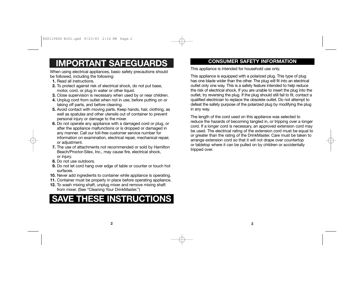 Important safeguards save these instructions | Hamilton Beach DRINKMASTER 840119400 User Manual | Page 2 / 14